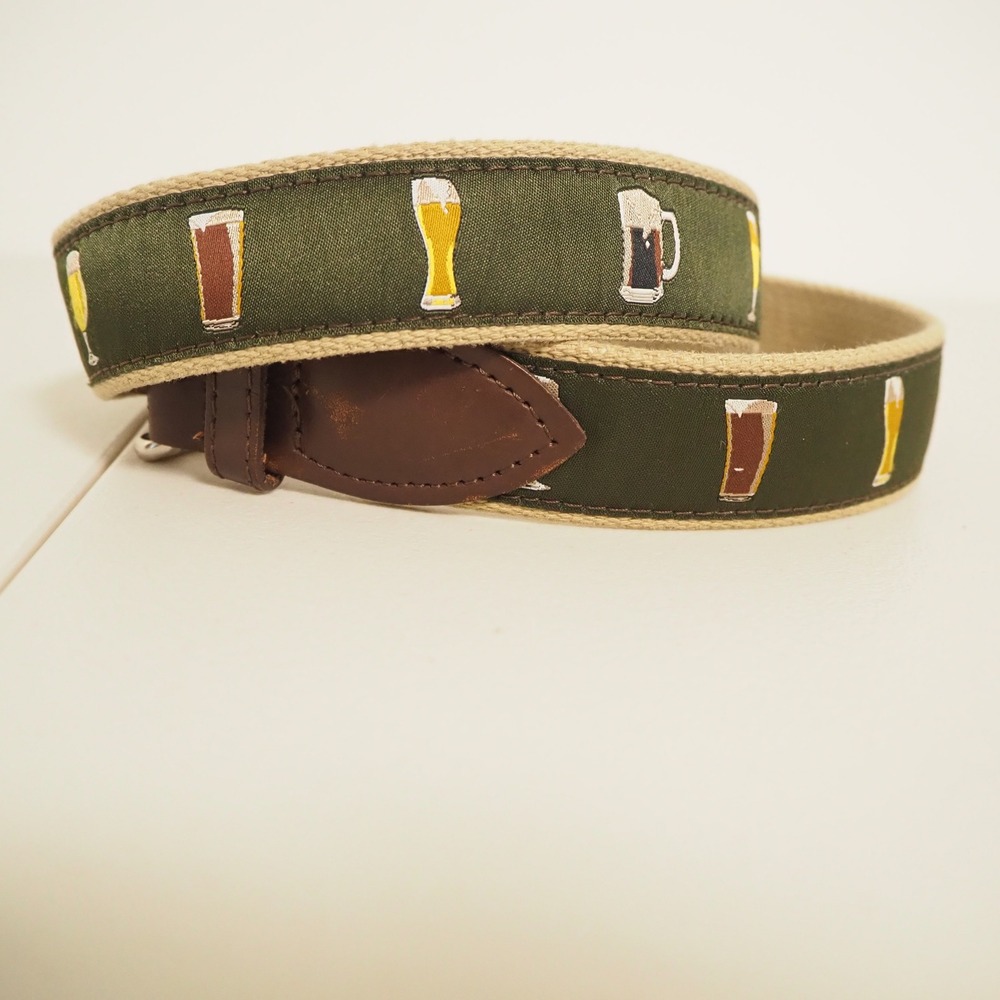 The Belted Cow‎ Co Belt Mens 36 Green Beer Glass Embroidery Canvas Leather Maine